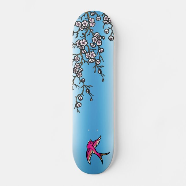 Pink Swallow and Cherry Blossom Deck Skateboard (Front)