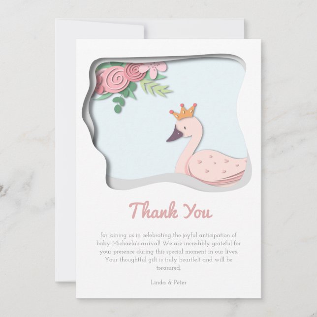 Pink Swan Baby Shower Girl Thank You Card (Front)