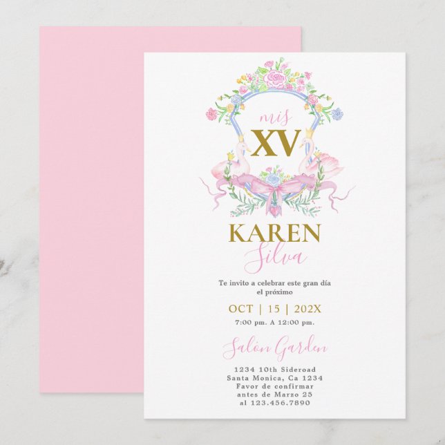 Pink Swan Crest Quinceanera Invitation (Front/Back)