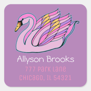 Pink Swan DIY Name & Return Address, Lavender Square Sticker