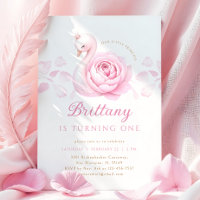 Pink Swan Floral First Birthday Invitation