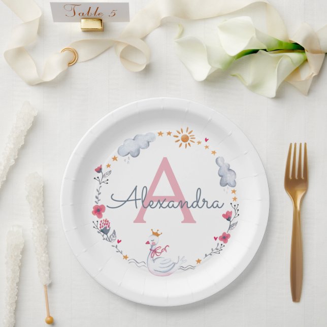 Pink Swan Floral Kids Personalized Dinner Plate (Wedding)