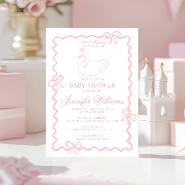Pink Swan Princess Bow Coquette Baby Girl Shower Invitation (Creator Uploaded)