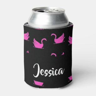 Pink swans silhouette on black can cooler
