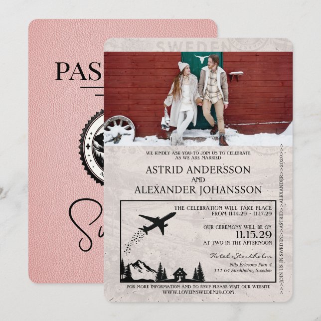Pink Sweden Passport Wedding Invitation (Front/Back)
