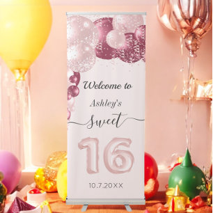 Pink Sweet 16 Balloons  Retractable Banner