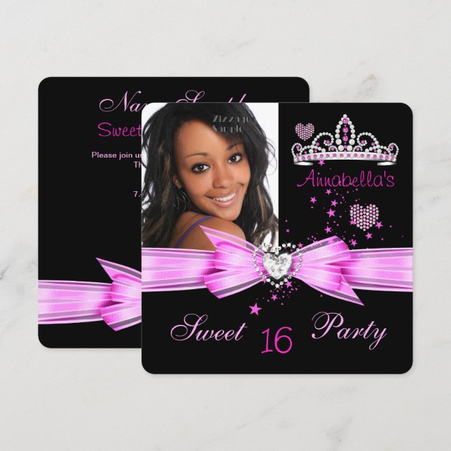 Pink Sweet 16 Birthday Diamond Tiara Photo 2 Invitation (Front/Back)