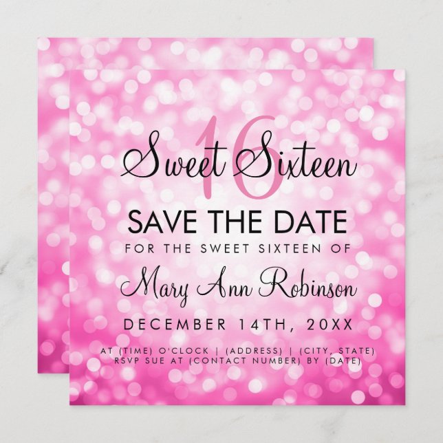 Pink Sweet 16 Birthday Glitter Lights Invitation (Front/Back)
