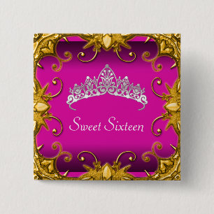 Pink Sweet 16 Birthday Party Gold White Tiara 15 Cm Square Badge
