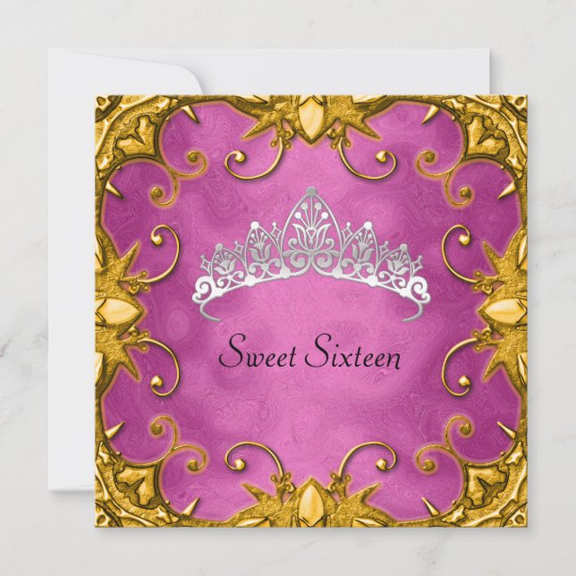 Pink Sweet 16 Birthday Party Gold White Tiara Invitation (Front)