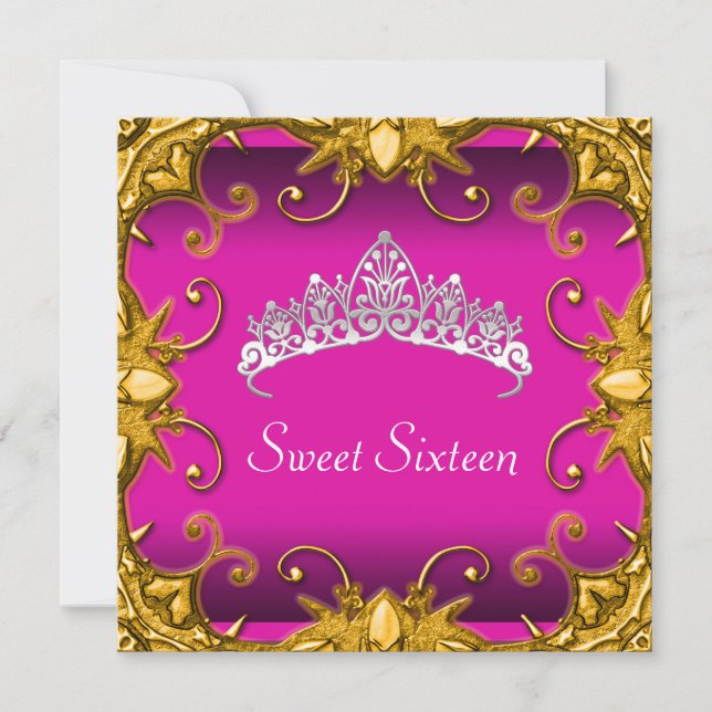 Pink Sweet 16 Birthday Party Gold White Tiara Invitation (Front)