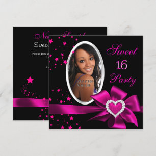 Pink Sweet 16 Birthday Party Heart Photo Silver Invitation