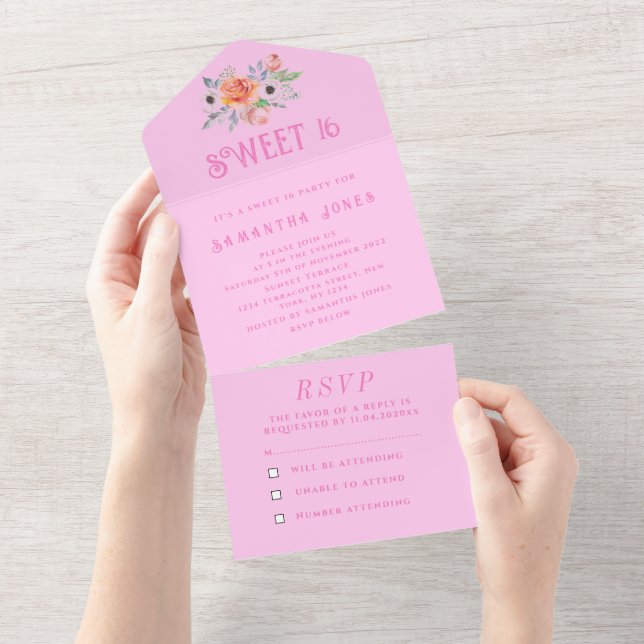 Pink Sweet 16 Floral Sixteen Girly Elegant  All In One Invitation (Tearaway)