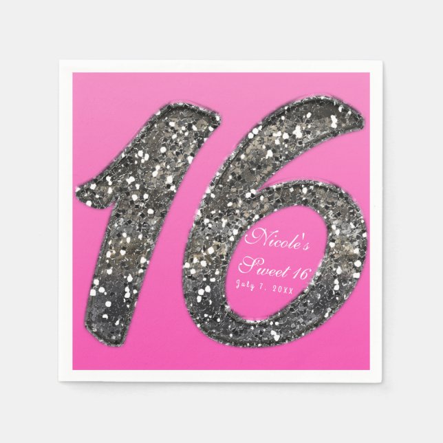 Pink Sweet 16 Glitter Glam Birthday Party Custom Napkin (Front)