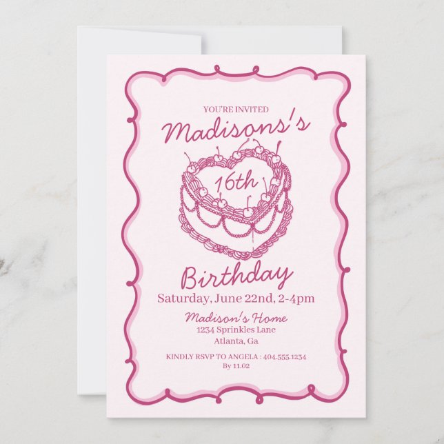 Pink Sweet 16 Heart Coquette Cherry Cake Birthday Invitation (Front)