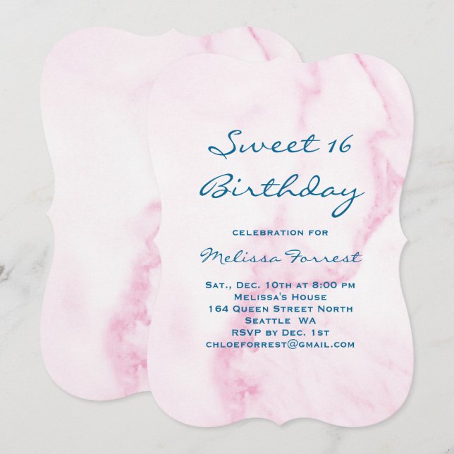 Pink Sweet 16 Marble Birthday Invitation (Front/Back)