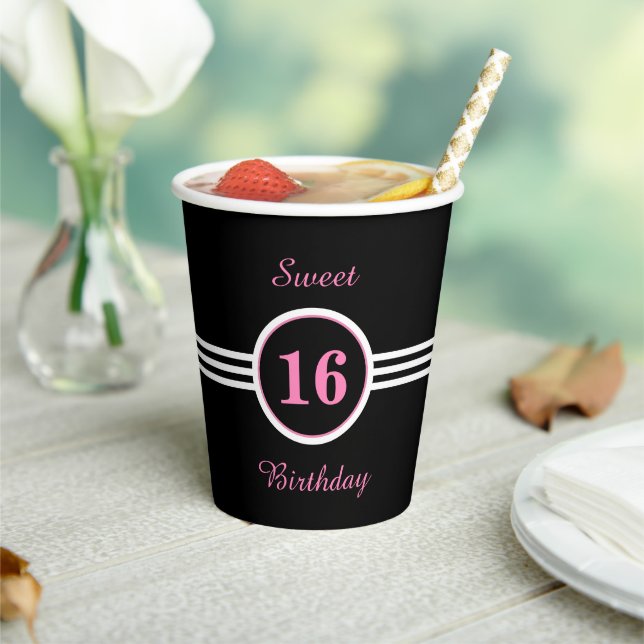 Pink Sweet 16 on Black Birthday Party Paper Cups (Insitu)