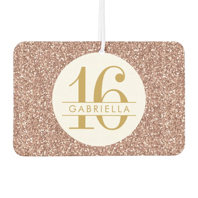 Pink Sweet 16 Rose Gold Glitter Personalised Car Air Freshener (Front)