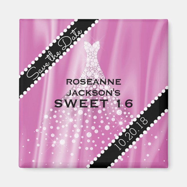 Pink Sweet 16 Save the Date Elegant Satin Diamonds Magnet (Front)