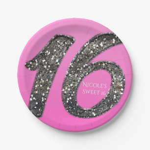Pink Sweet 16 Silver Glitter Glam Birthday Party Paper Plate