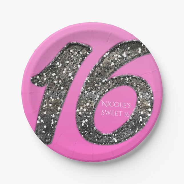 Pink Sweet 16 Silver Glitter Glam Birthday Party Paper Plate (Front)