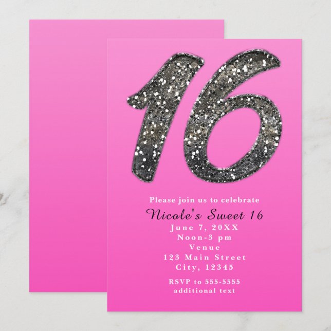 Pink Sweet 16 Silver Glitter Party Invitations (Front/Back)