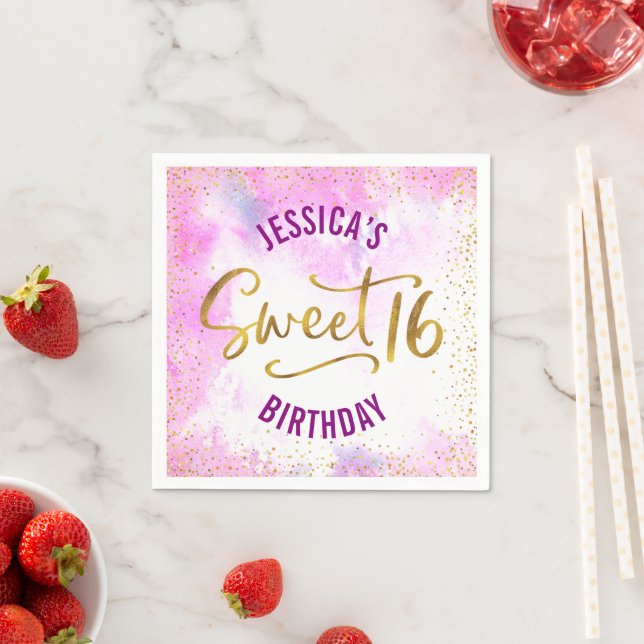 Pink Sweet 16 Watercolor Gold Glam Girly Birthday Napkin (Insitu)