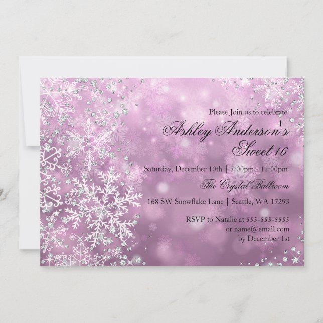 Pink Sweet 16 Winter Wonderland Sparkle Snowflakes Invitation (Front)