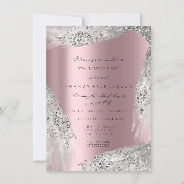 Pink Sweet 16th Bridal Silver Grey Rose Mauve Invitation (Front)