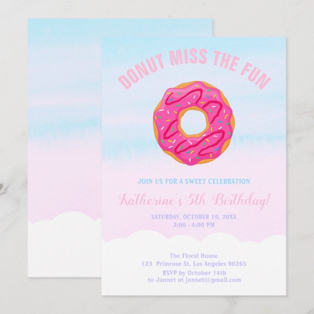 Pink Sweet Baby Girl Doughnut Miss The Fun Birthda Invitation (Front/Back)