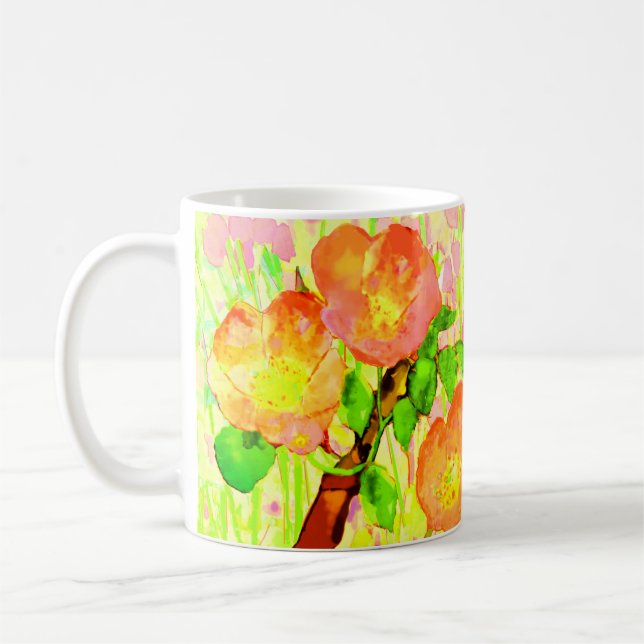 Pink Sweet Briar Flowers Leaves Branch Coffee Mug (Left)