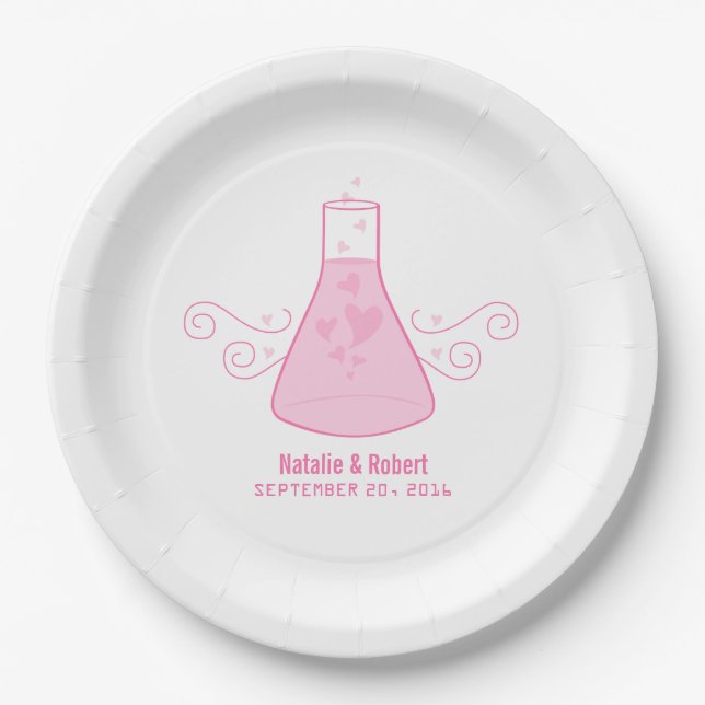 Pink Sweet Chemistry Wedding Paper Plates (Front)
