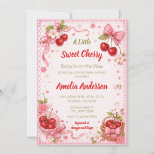 Pink Sweet Cherry Coquette Bow Girls Baby Shower Invitation