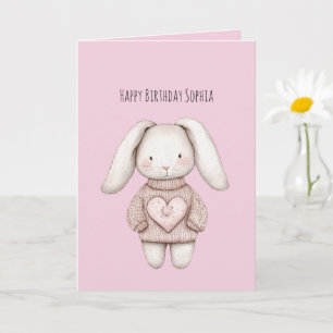 Pink Sweet Cute Bunny Pink Sweater Heart Birthday Card