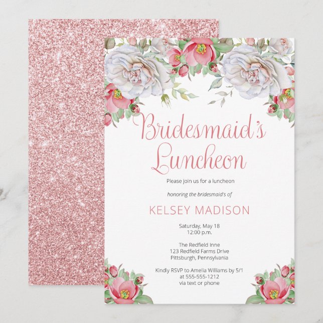 Pink Sweet Floral Blooms Bridesmaid's Luncheon Invitation (Front/Back)