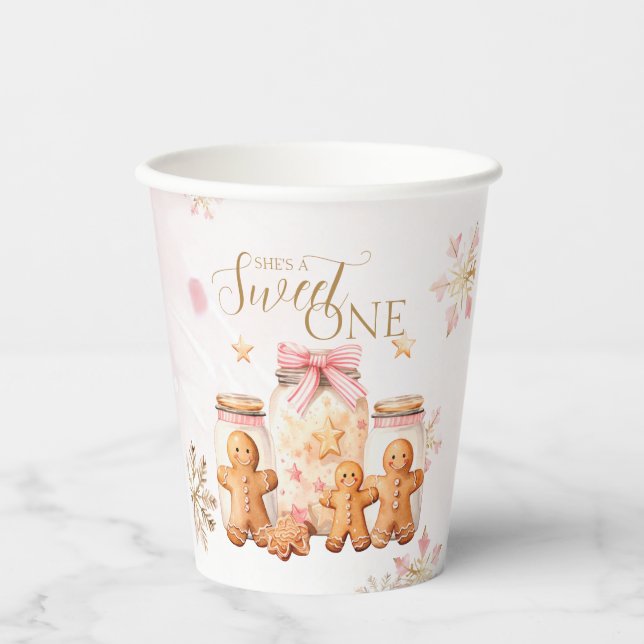 Pink Sweet Gingerbread Christmas Girl Birthday Paper Cups (Front)