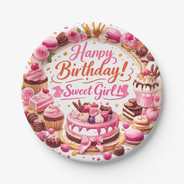 Pink Sweet Girl Birthday Party Paper Plates (Front)