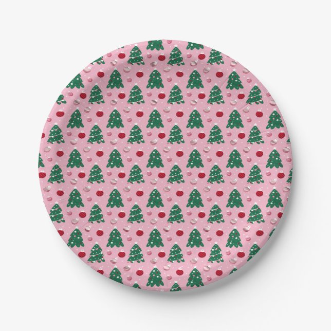 Pink Sweet Greenery Christmas Tree Holiday  Paper Plate (Front)