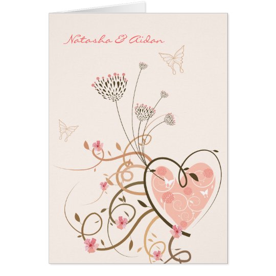 Pink Sweet Heart & Butterfly Swirls Wedding Card