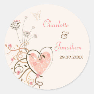 Pink Sweet Heart Butterfly Swirls Wedding Sticker