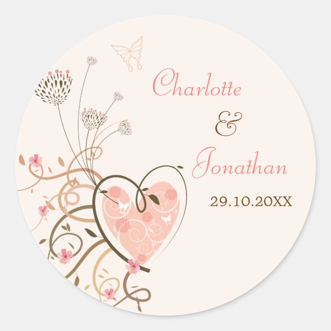 Pink Sweet Heart Butterfly Swirls Wedding Sticker (Front)