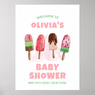 Pink Sweet Ice Cream Popcicle Baby Shower Welcome Poster
