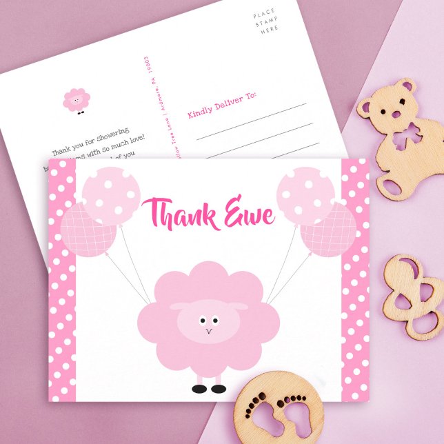 Pink Sweet Lamb Girl Baby Shower Cute Thank You Postcard (Creator Uploaded)