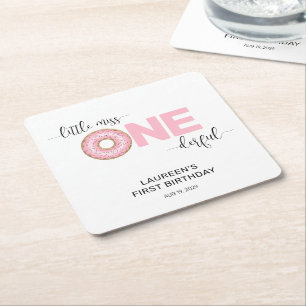 Pink Sweet Little MIss 1st Birthday Square Paper Coaster