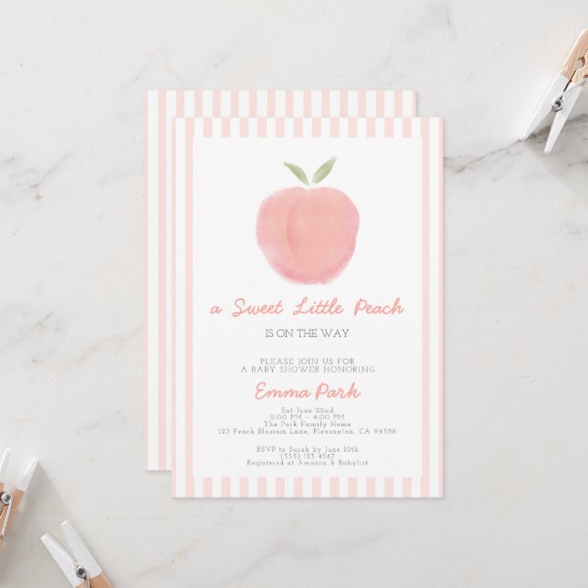 Pink Sweet Little Peach Baby Shower Invitation (Front/Back In Situ)