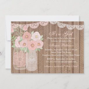 Pink Sweet Mason Jar & Wood Baby Shower Invite