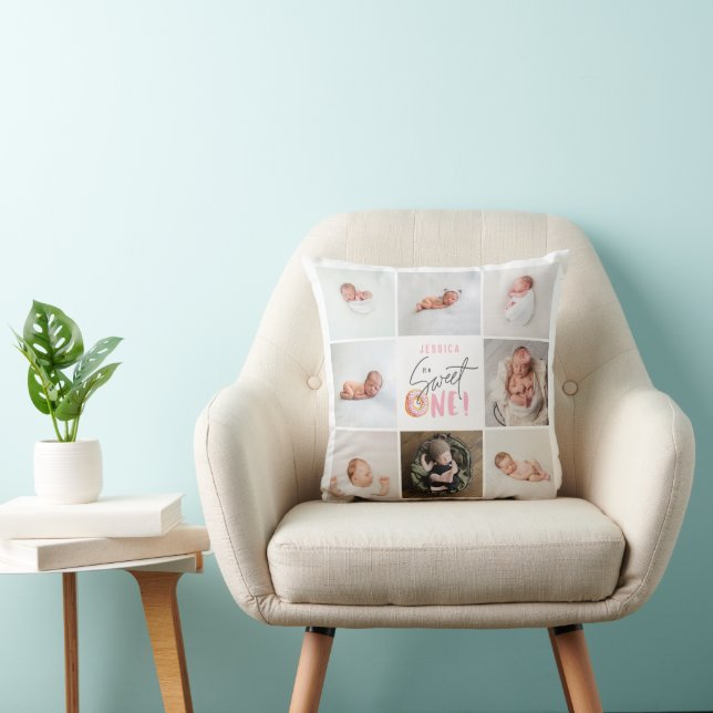 pink sweet one doughnut 1st birthday multi photo cushion (Chair)