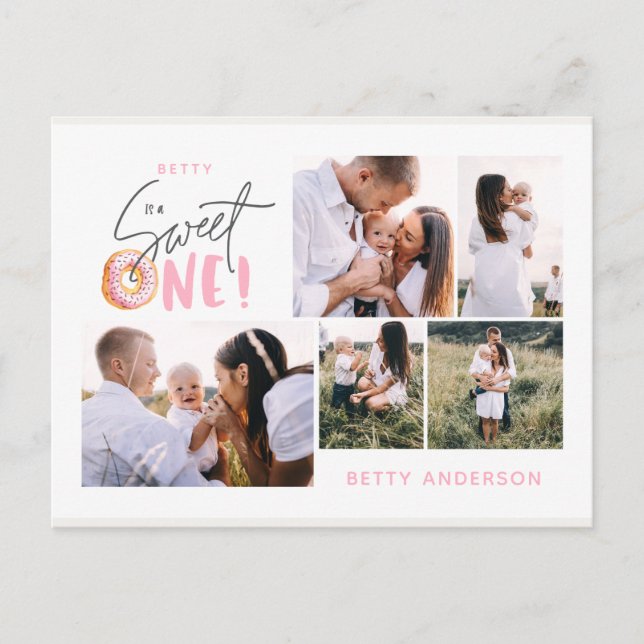 pink sweet one doughnut birthday multi photo holid holiday postcard (Front)