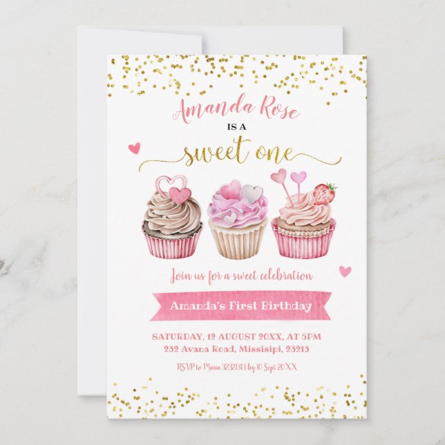 Pink Sweet One Girl Birthday Invitation (Front)