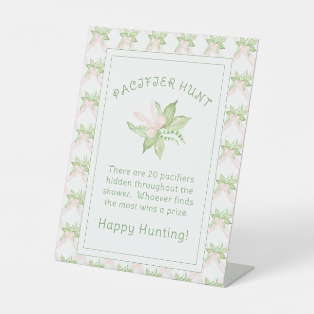 Pink Sweet Pea Girl Pacifier Hunt Baby Shower Pedestal Sign (Front)